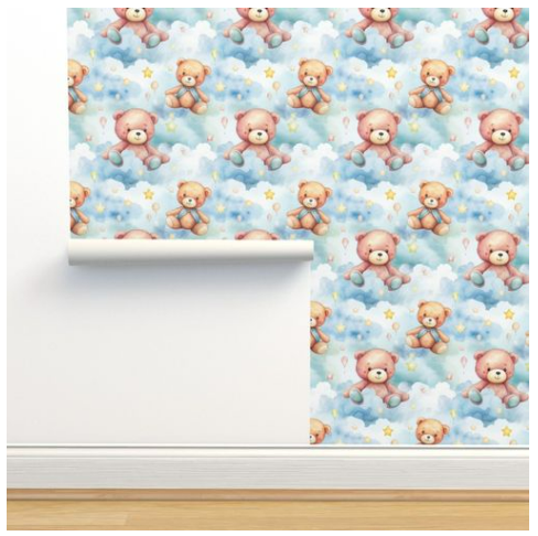 Cute Teddy Bear and Cloud Wallpaper for Nursery or Kids Room – Peel & Stick, Pre-Pasted, Non-Pasted, Grasscloth, Gold/Silver Metallic Options