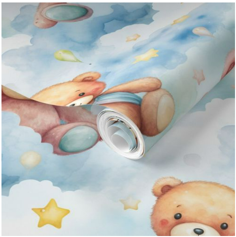 Cute Teddy Bear and Cloud Wallpaper for Nursery or Kids Room – Peel & Stick, Pre-Pasted, Non-Pasted, Grasscloth, Gold/Silver Metallic Options