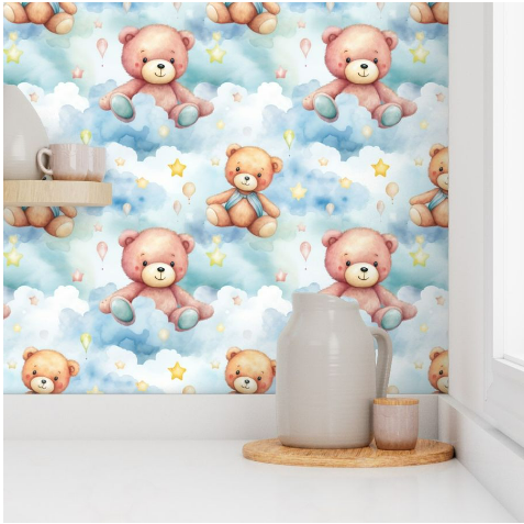 Cute Teddy Bear and Cloud Wallpaper for Nursery or Kids Room – Peel & Stick, Pre-Pasted, Non-Pasted, Grasscloth, Gold/Silver Metallic Options