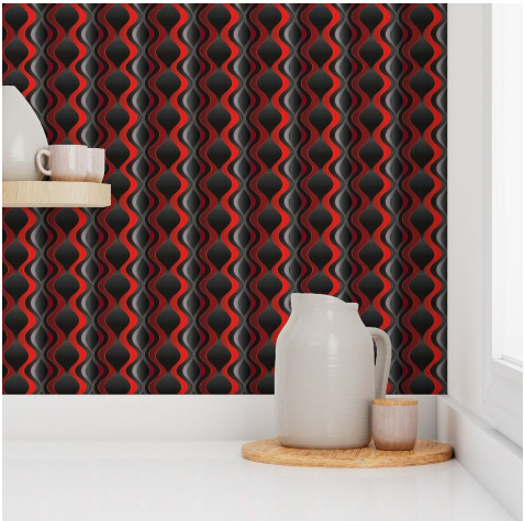 Bold Red and Black 3D Wave Wallpaper – Modern Geometric Wall Art in Peel & Stick, Pre-Pasted, Non-Pasted, Grasscloth, Gold/Silver Metallic