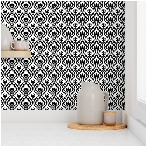 Classic Black and White Damask Wallpaper – Elegant Vintage Pattern in Peel & Stick, Pre-Pasted, Non-Pasted, Grasscloth, Gold/Silver Metallic